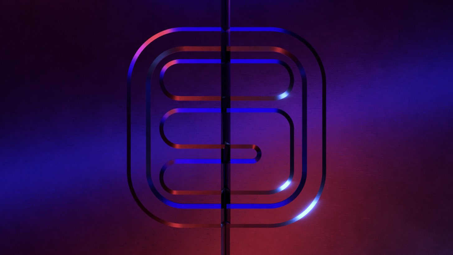 Metallic Slab.cash logo emblem lit with red and blue neon