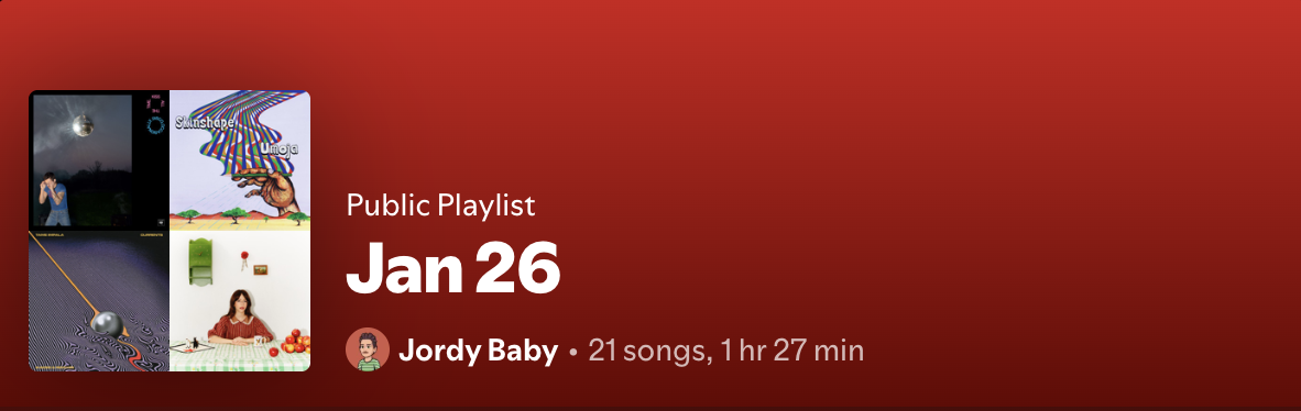 Spotify public playlist card titled Jan 26 by Jordy Baby with 21 songs and 1 hr 27 min runtime