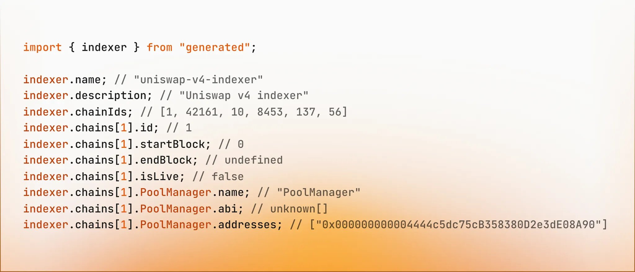 Code snippet importing the indexer object from generated and accessing chainIds, chains, startBlock, isLive, and PoolManager contract data