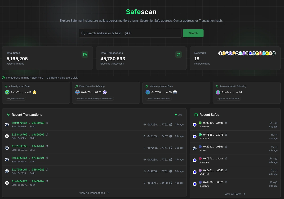 Safescan, a multichain explorer for Safe multisig wallets