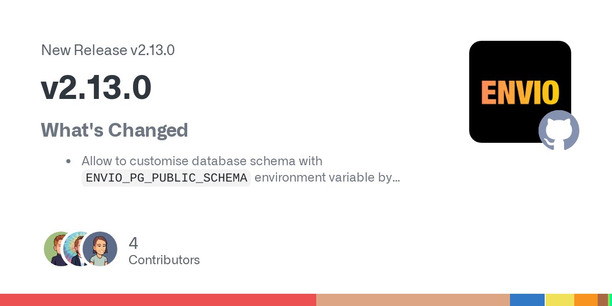 GitHub release card for HyperIndex v2.13.0 noting ENVIO_PG_PUBLIC_SCHEMA support
