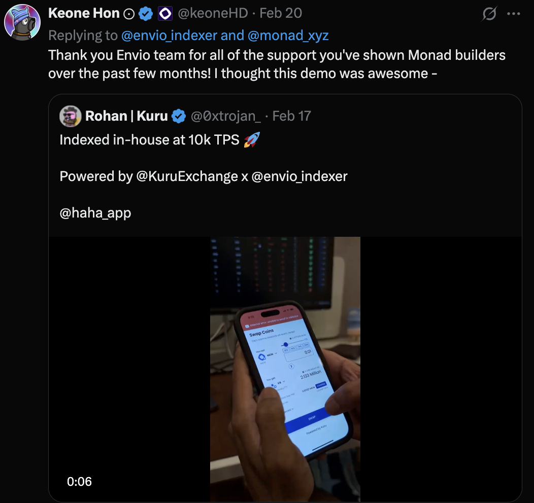 Tweet from Keone Hon thanking Envio with a Rohan Kuru reply showing the Haha Wallet indexed in-house at 10k TPS