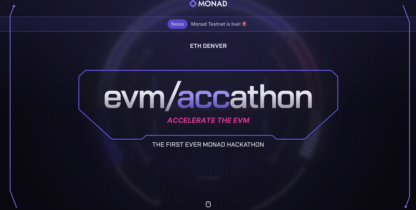 Monad evm/accathon ETH Denver event banner with the tagline Accelerate the EVM