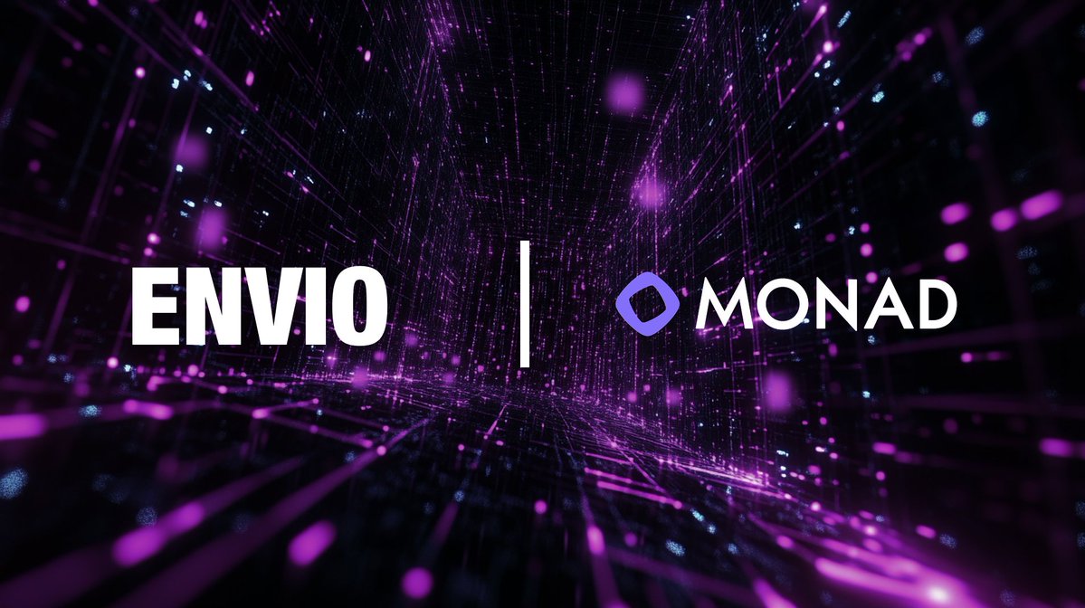 Envio and Monad partnership banner with both logos over a purple grid background