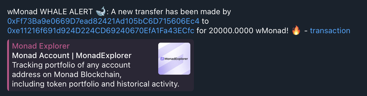 Telegram message showing a wMonad whale alert for a 20000 wMonad transfer, with a Monad Explorer link preview
