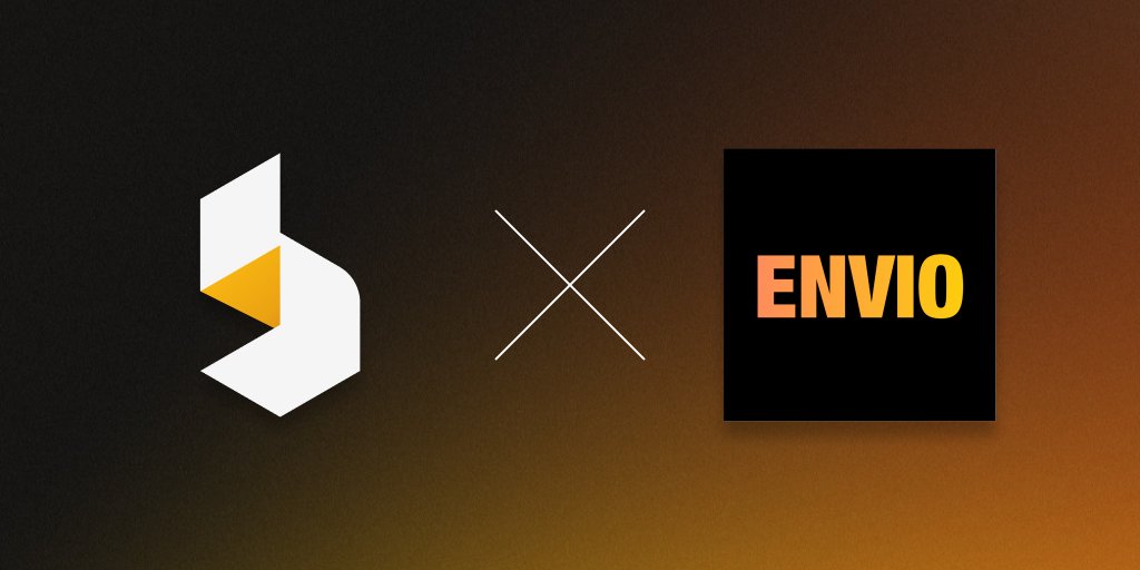 Bako logo and Envio logo with an X between them on a dark gradient background