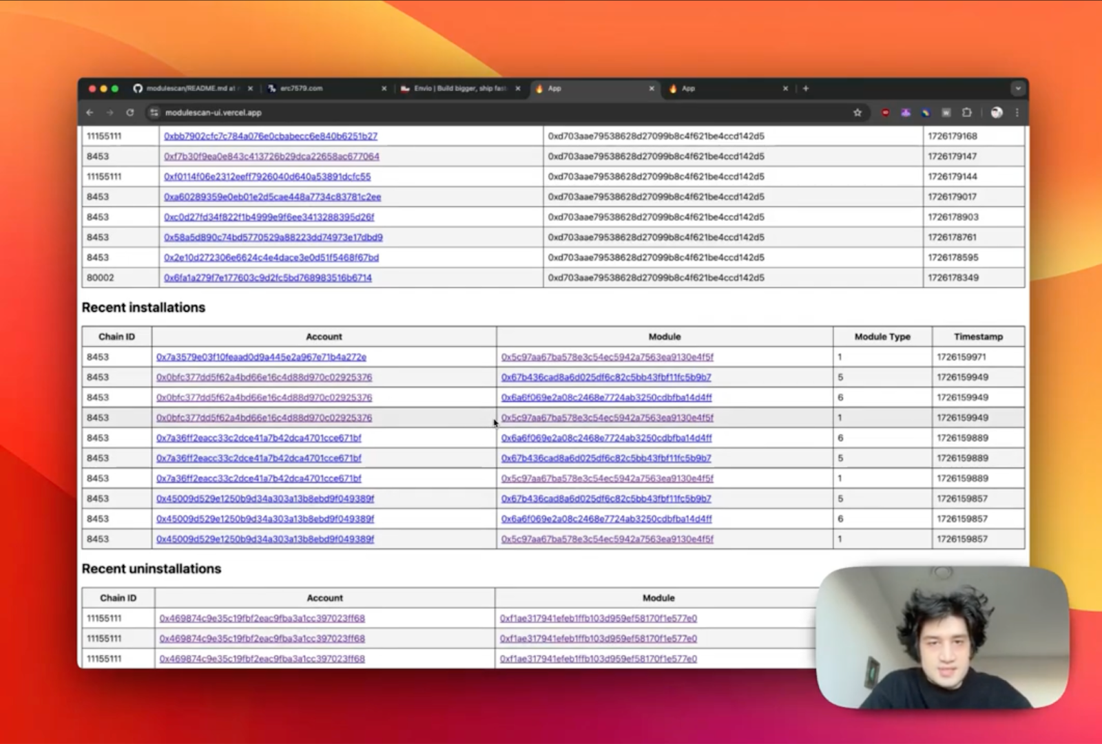ModuleScan dashboard showing recent installations and uninstallations tables with chain ID, account, and module columns