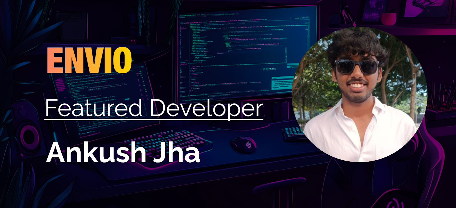 Envio Featured Developer banner for Ankush Jha with a photo of him beside a coding workstation