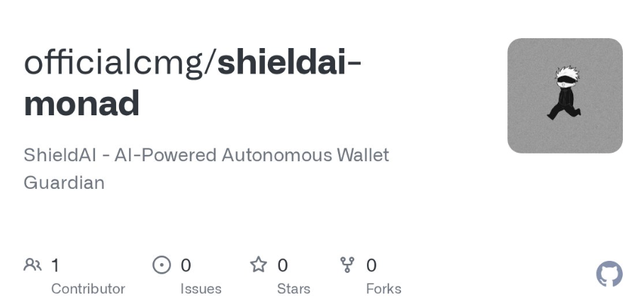 GitHub repo card for officialcmg/shieldai-monad, an AI-powered autonomous wallet guardian